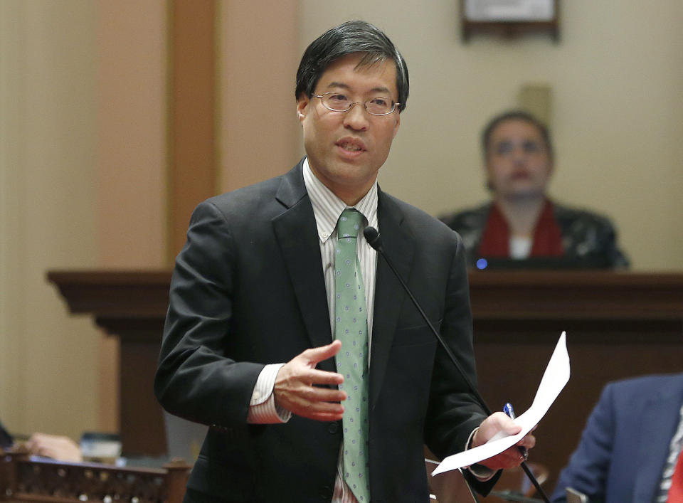 FILE - In this May 22, 2019, file photo, State Sen. Richard Pan, D-Sacramento, speaks to lawmakers in Sacramento, Calif. Pan spoke out against violence against Asians and called on California Gov. Gavin Newsom to name an attorney general from the Asian and Pacific Islander community during a news conference on March 17, 2021. (AP Photo/Rich Pedroncelli, File)