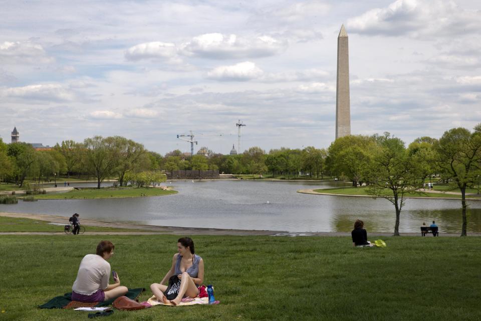 People enjoy warm weather at Constitution Gardens on the National Mall in Washington, Friday, May 2, 2014. For years, the mall's grounds and facilities have fallen into disrepair, even though it's is the most-visited national park. Visitors often find dead grass, broken sidewalks and fetid pools of water. (AP Photo/Jacquelyn Martin)