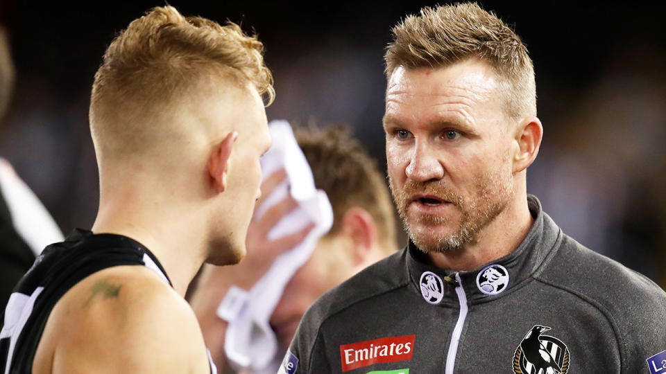 Collingwood coach Nathan Buckley has disputed reports he called Adam Treloar and informed him he was no longer wanted at the club. (Photo by Adam Trafford/AFL Media/Getty Images)