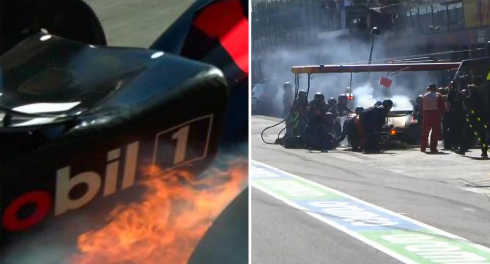 Verstappen's car caught fire in the pit lane. Source: Fox