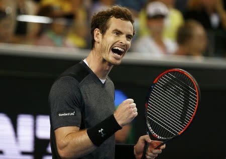 Britain's Andy Murray reacts during his third round match against Portugal's Joao Sousa at the Australian Open tennis tournament at Melbourne Park, Australia, January 23, 2016. REUTERS/Thomas Peter