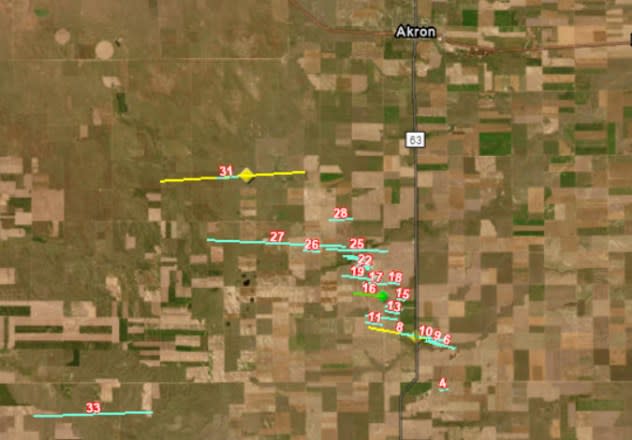 Tracks of the tornado swarm south of Akron, Colorado on June 21, 2023. (NWS)