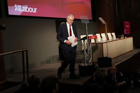 Jeremy Corbyn, the leader of Britain's opposition Labour Party, leaves after speaking at an engagement after the ruling Conservatives captured the northwestern seat of Copeland that Labour have held since 1935, the first by-election gain for a governing party for 35 years, in London, February 24, 2017. REUTERS/Stefan Wermuth