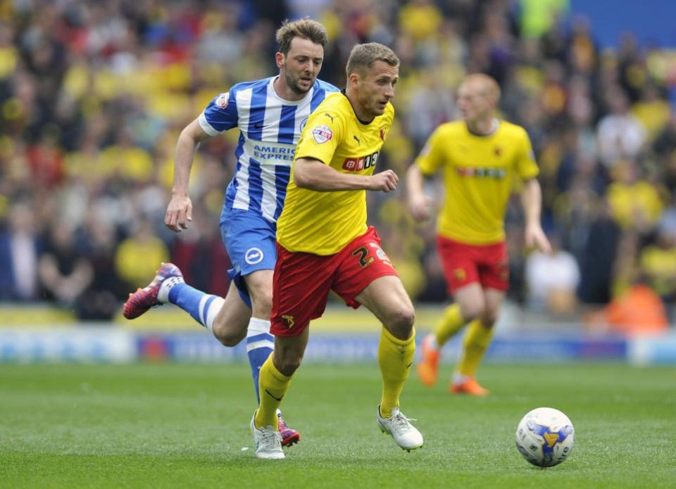 Watford Observer: Almen Abdi tries to get away from Dale Stephens