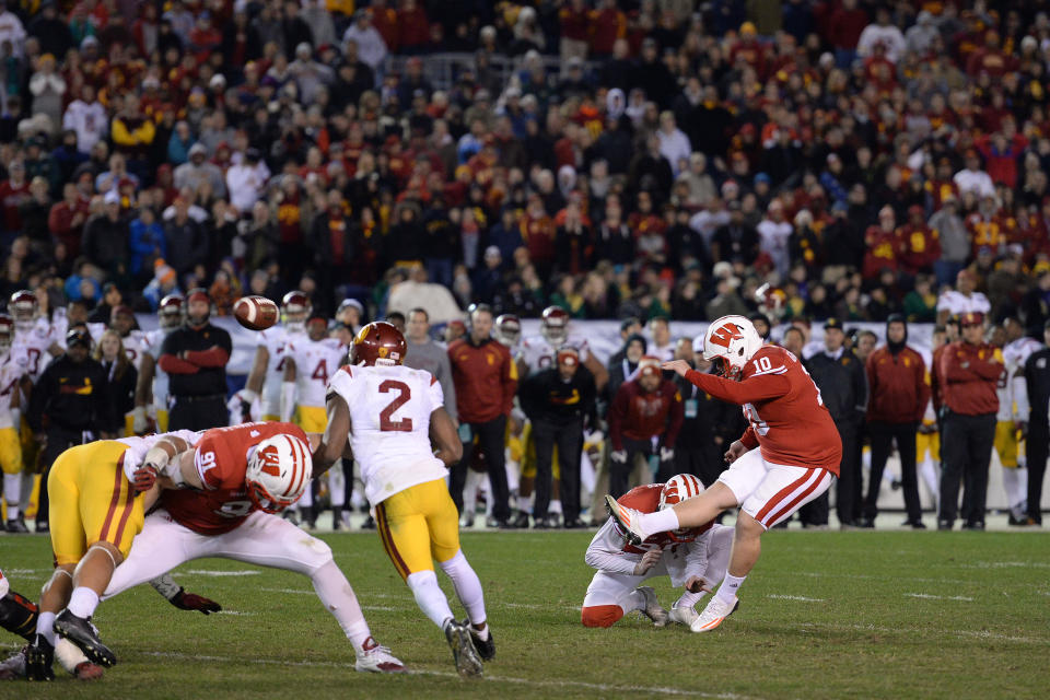 Dec 30, 2015; San Diego, CA, USA; Wisconsin Badgers place kicker Rafael Gaglianone (10) makes a field goal against the USC Trojans during the fourth quarter in the 2015 Holiday Bowl at Qualcomm Stadium. Mandatory Credit: Jake Roth-USA TODAY Sports