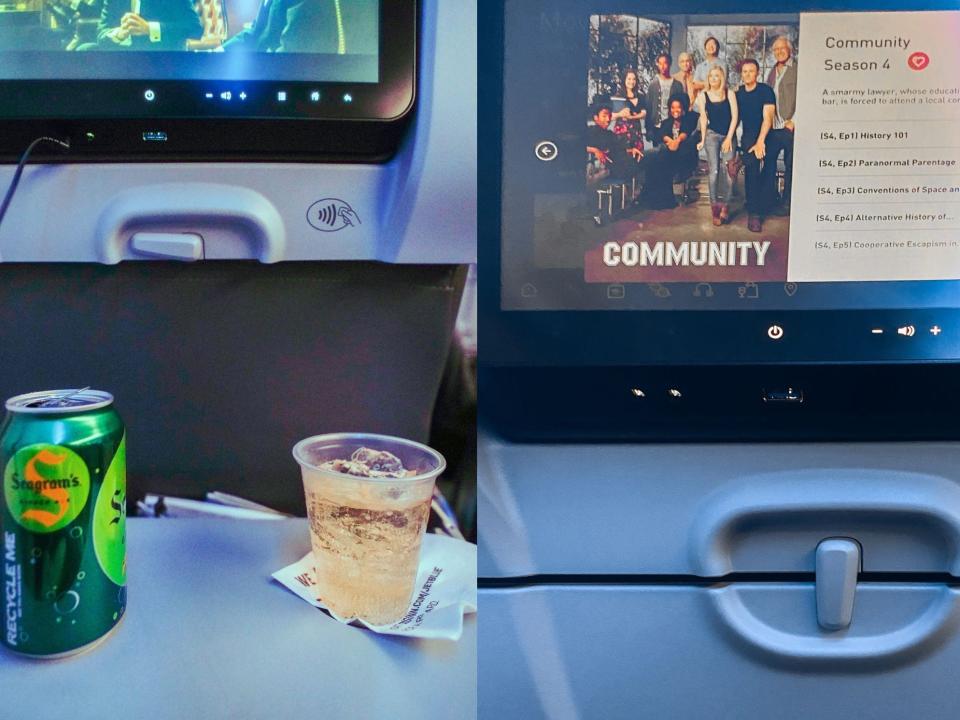 Two images of sat back screens playing TV shows on flights