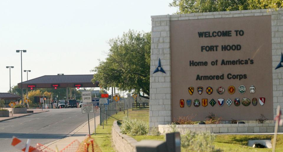The entrance to Fort Hood Army Base in Texas is shown in a 2009 file photo.