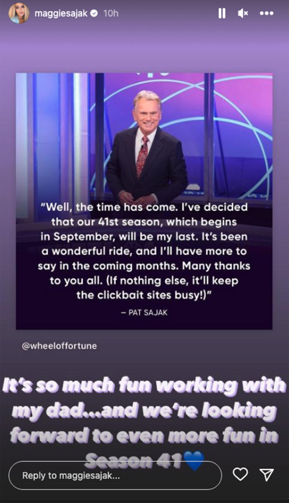 Pat Sajak's daughter, Maggie, reacts to the news he's leaving 