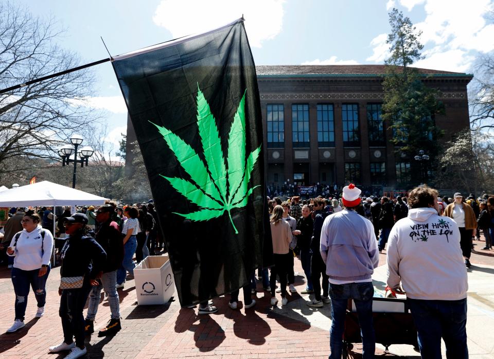 The marijuana flag of Steve Karapaneza, 42, of Sterling Heights, could be seen from any direction for those people attending the 53rd Ann Arbor Hash Bash on the campus of the University of Michigan on Saturday, April 6, 2024.