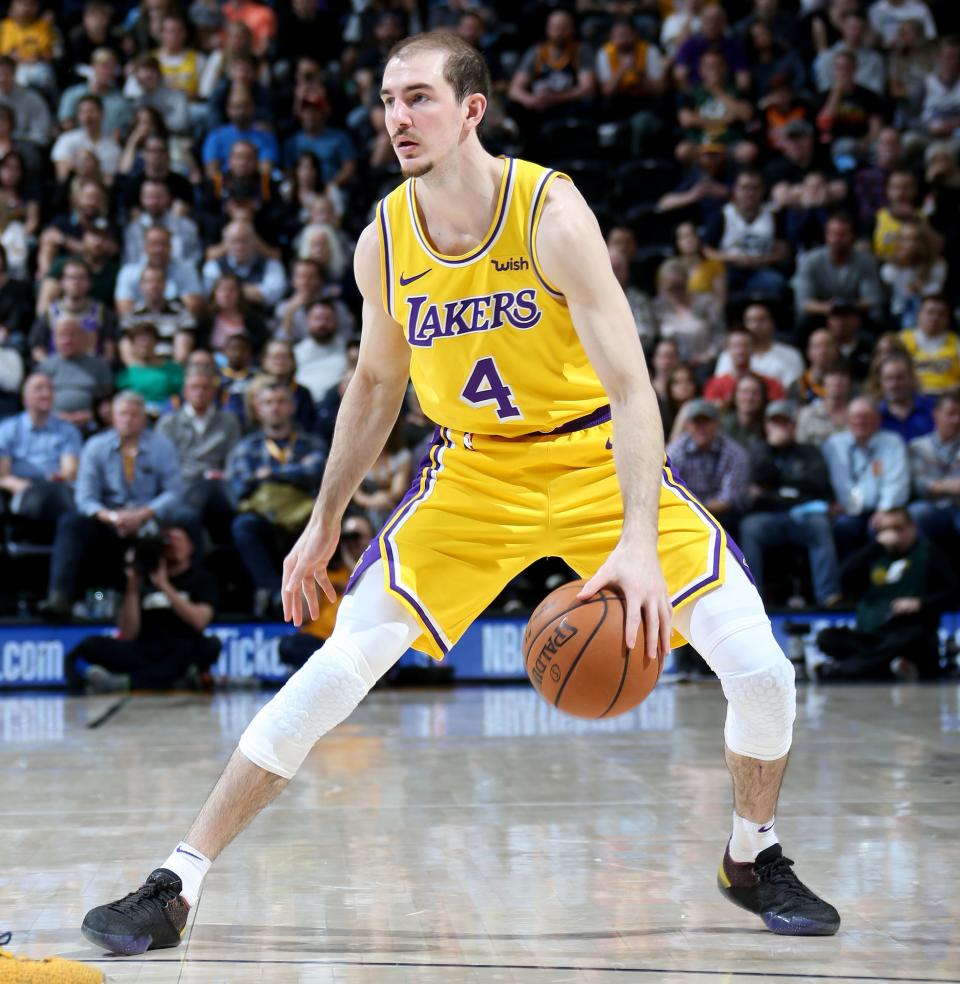 SALT LAKE CITY, UT - MARCH 27: Alex Caruso #4 of the Los Angeles Lakers handles the ball during the game against the Utah Jazz on March 27, 2019 at vivint.SmartHome Arena in Salt Lake City, Utah. NOTE TO USER: User expressly acknowledges and agrees that, by downloading and or using this Photograph, User is consenting to the terms and conditions of the Getty Images License Agreement. Mandatory Copyright Notice: Copyright 2019 NBAE (Photo by Melissa Majchrzak/NBAE via Getty Images)