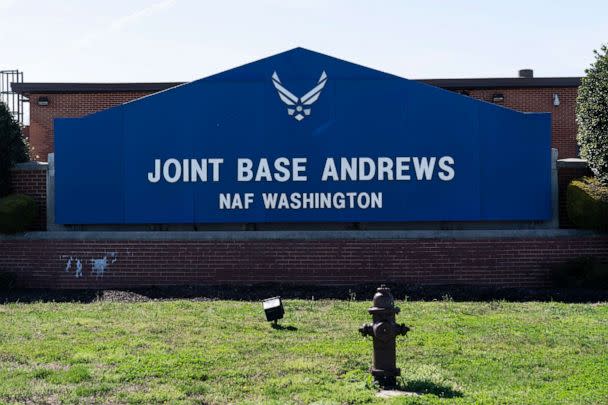 PHOTO: In this file photo, the sign for Joint Base Andrews is seen on March 26, 2021, at Andrews Air Force Base, Maryland. (Alex Brandon/AP)