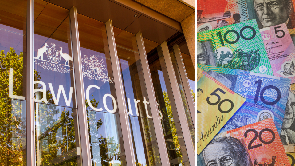 The Australia Law Courts building and Australian money to indicate the federal court decision over an employee being micromanaged.