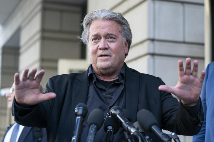 Former White House strategist Steve Bannon speaks with reporters as he departs federal court on Wednesday, July 20, 2022, in Washington. Bannon, a one-time adviser to former President Donald Trump, faces criminal contempt of Congress charges after refusing for months to cooperate with the House committee investigating the Jan. 6, 2021, Capitol insurrection. (AP Photo/Alex Brandon)