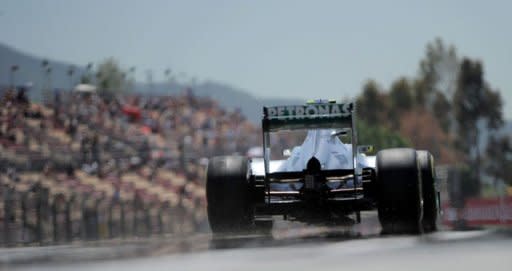 Mercedes' German driver Nico Rosberg leaves the pits at the Circuit de Catalunya