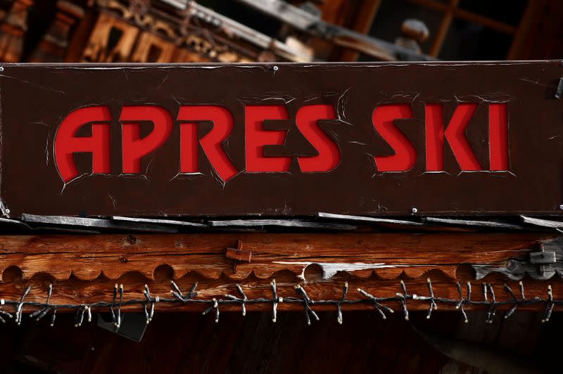 A sign sits atop an apres-ski bar in Ischgl