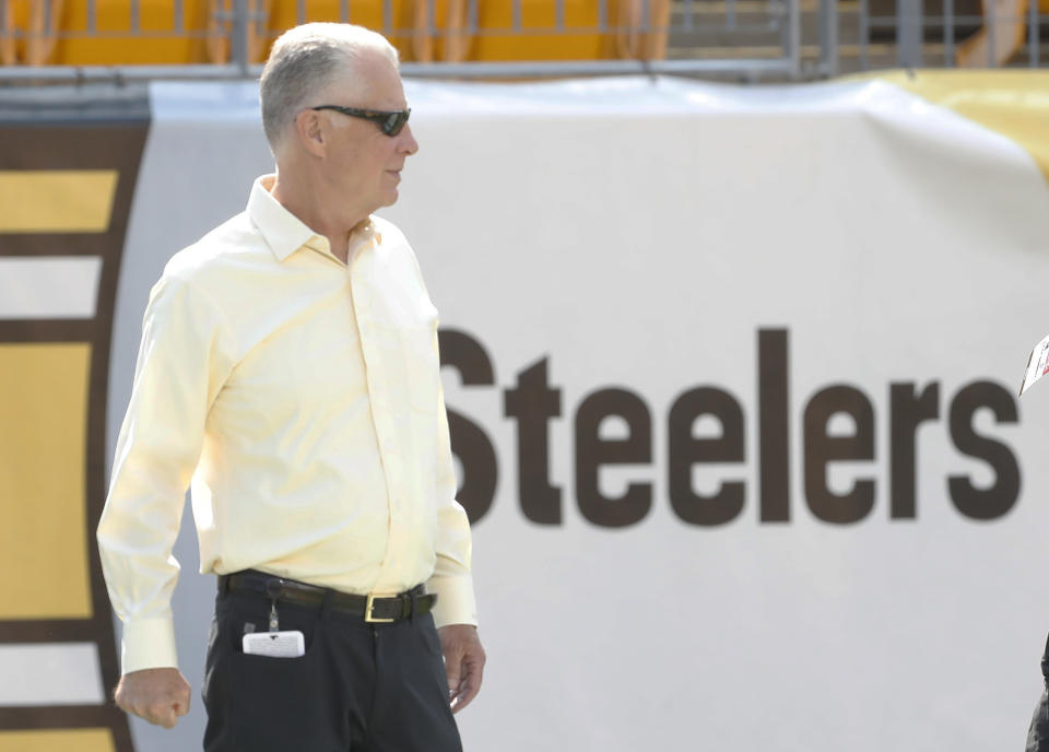 Aug 19, 2023; Pittsburgh, Pennsylvania, USA;  Pittsburgh Steelers chairman Art Rooney II walks on the field prior to the game against the Buffalo Bills at Acrisure Stadium. Mandatory Credit: Charles LeClaire-USA TODAY Sports