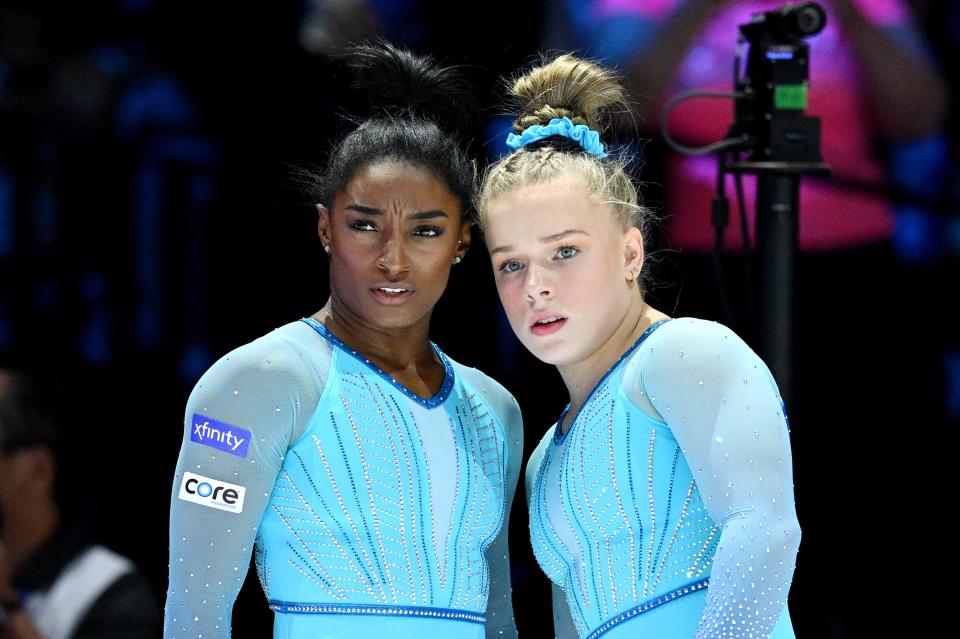 Joscelyn Roberson (right) grew up idolizing Simone Biles. Now they are U.S. teammates at the FIG Artistic Gymnastics World Championships in Antwerp, Belgium.