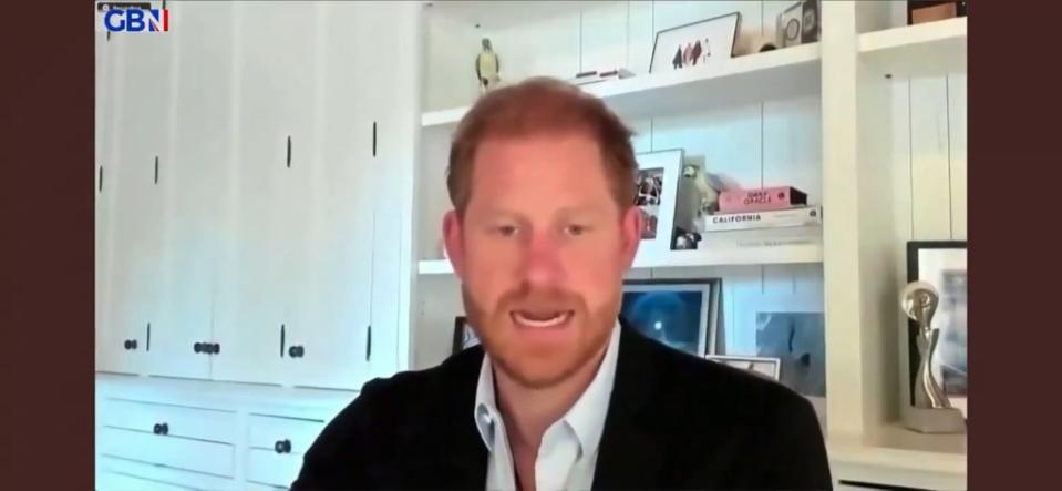 Prince Harry appeared via video link for his first public appearance after Kate Middleton’s cancer announcement. twitter/duchessofpoms