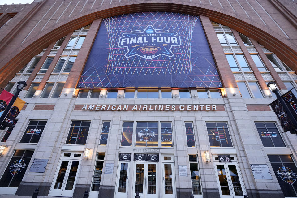 Final Four signange hangs on the exterior of American Airlines Center, Wednesday, March 29, 2023, in Dallas. The venue will host the women's NCAA Final Four basketbal tournament where South Carolina is scheduled to play Iowa and LSU will play Virginia Tech on Friday. (AP Photo/Tony Gutierrez)