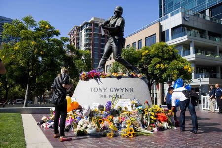 Fans leave flowers at a makeshift memorial to former San Diego Padres outfielder Tony Gwynn at Petco Park in San Diego, California June 16, 2014. REUTERS/Sam Hodgson