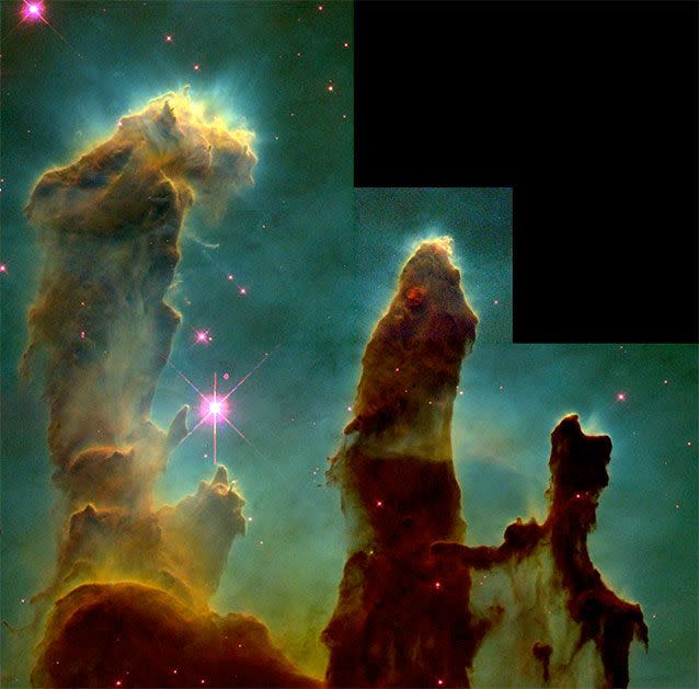 The original 1995 image of the 'Pillars of Creation', which rests more than 6500 light years away from Earth. Photo: NASA/ESA/Hubble