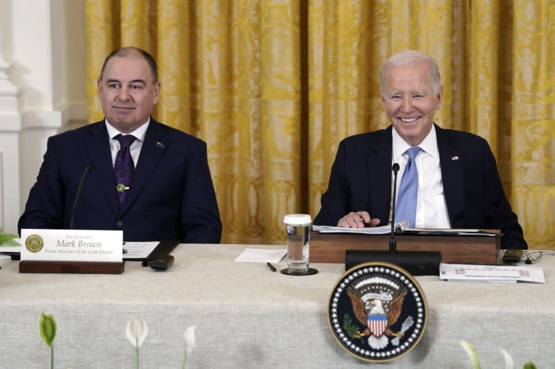 President Joe Biden (R) smiles with Cook Islands Prime Minister Mark Brown as Biden hosts the Pacific Islands Forum at the White House in Washington on Monday. Photo by Yuri Gripas/UPI