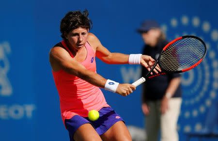 Tennis - WTA Premier - Aegon International - Devonshire Park Lawn Tennis Club, Eastbourne, Britain - June 26, 2017. Spain's Carla Suarez Navarro in action during her second round match against Latvia's Jelena Ostapenko. Action Images via Reuters/Matthew Childs