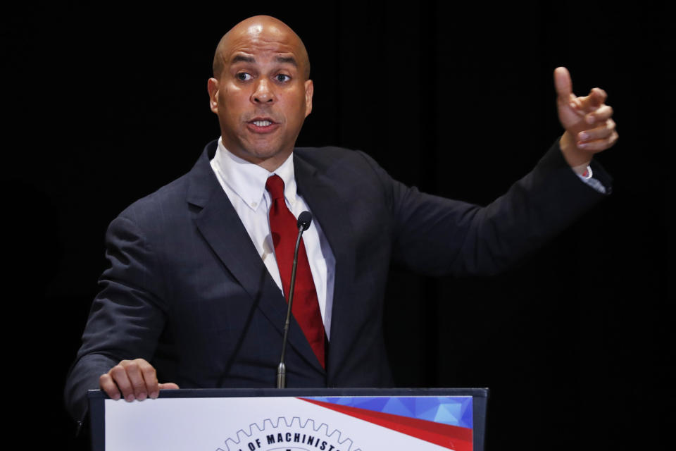 Democratic presidential candidate Sen. Cory Booker, D-N.J., speaks during the Machinists Union Legislative Conference, Tuesday May 7, 2019, in Washington. (AP Photo/Jacquelyn Martin)