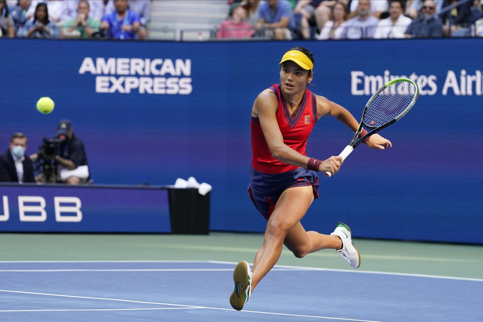 Emma Raducanu, of Britain, chases down a shot from Leylah Fernandez, of Canada, during the women's singles final of the US Open tennis championships, Saturday, Sept. 11, 2021, in New York. (AP Photo/Elise Amendola)