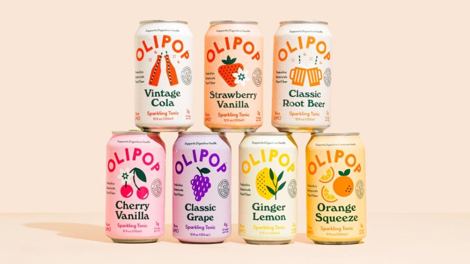 Promotional image of Olipop probiotic sodas in multiple flavors