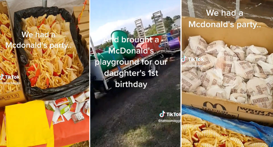 McDonald's themed birthday party with fries, burgers and playground. 