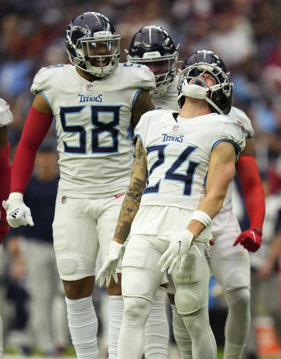 Tennessee Titans cornerback Elijah Molden (24) celebrates a stop against the Houston Texans during the first half of an NFL football game, Sunday, Jan. 9, 2022, in Houston. (AP Photo/Eric Christian Smith)