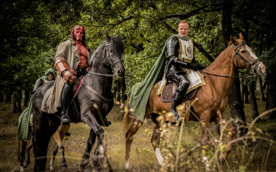 Hellboy rides a stallion while troll hunting in "Hellboy" (2019)