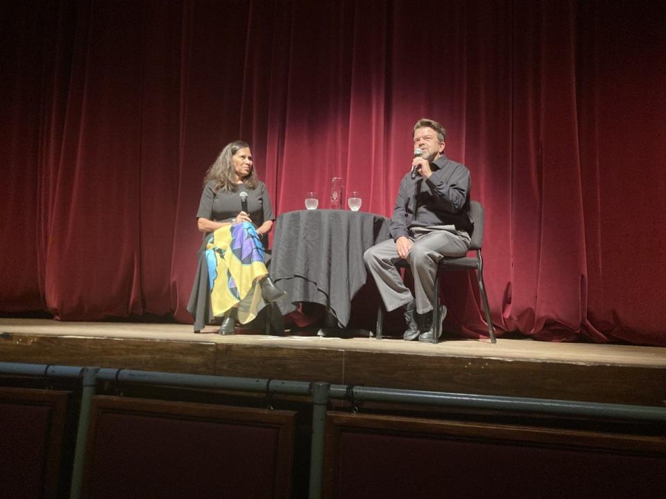 El Paso native Germaine Franco, who scored "Encanto," talks to Doug Pullen, Plaza Classic Film Festival director, about her career in music on Saturday as part of the Plaza Classic Film Festival.