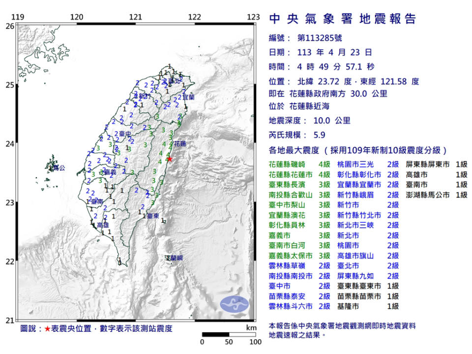 4:49花蓮近海規模5.9地震，全台有感。(圖／氣象署)