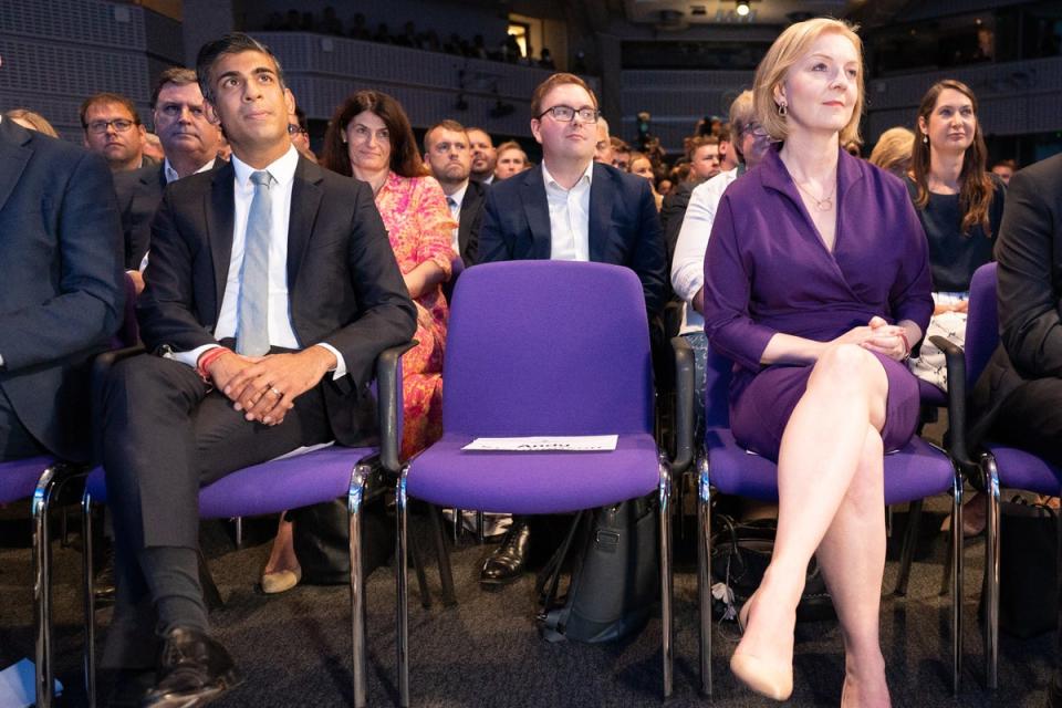 Rishi Sunak and Liz Truss at the Queen Elizabeth II Centre in London as the winner of the Conservative leadership contest was announced (Stefan Rousseau/PA) (PA Wire)