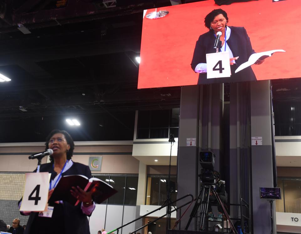 This is the UMC General Conference at the Charlotte Convention Center on April 30, 2024. Delegates from all over the world, such as Anne Kiome-Gatobu from the Great Plains Conference were given a chance to address the leadership.