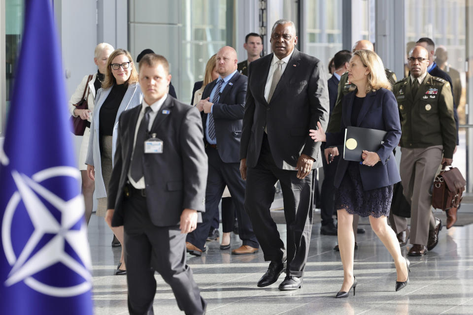 US Secretary of Defense Lloyd Austin arrives for a meeting of NATO defense ministers at NATO headquarters in Brussels, Wednesday, Oct. 12, 2022. (AP Photo/Olivier Matthys)