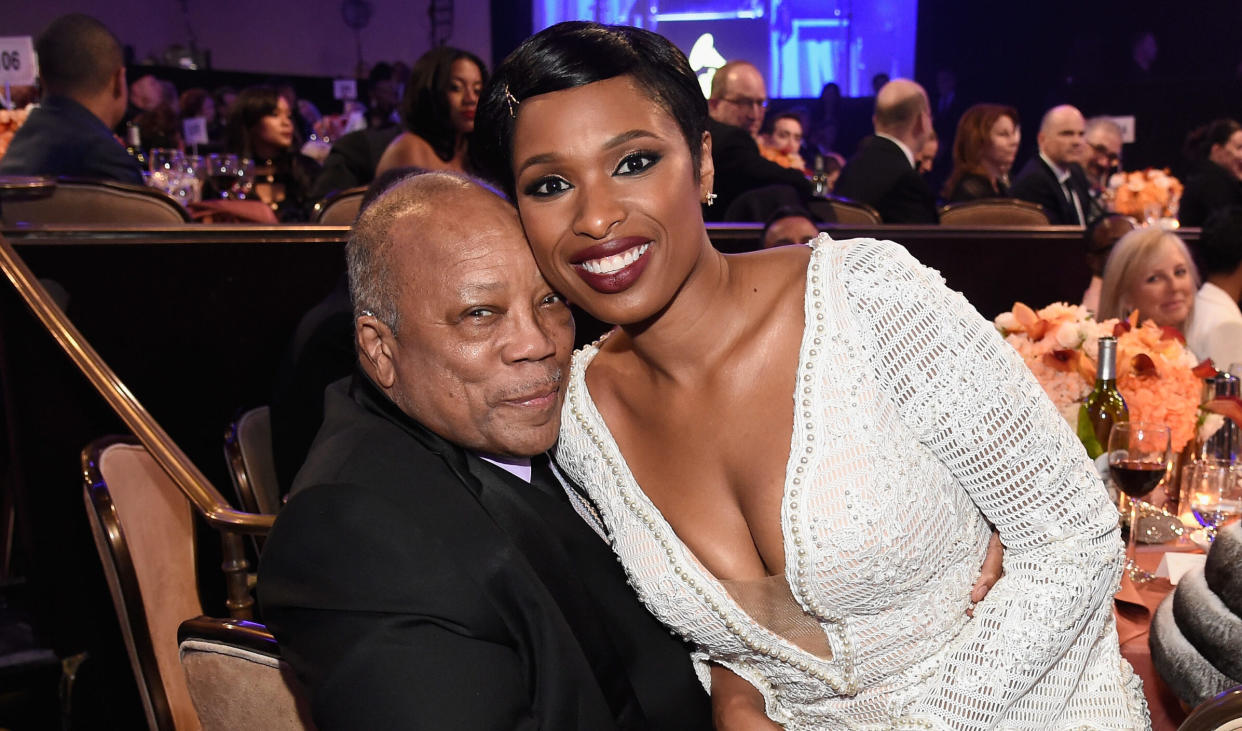 EGOT Black Celebrities pictured: Quincy Jones and Jennifer Hudson | Quincy Jones and Jennifer Hudson attend Pre-GRAMMY Gala and Salute to Industry Icons Honoring Debra Lee at The Beverly Hilton on February 11, 2017 in Los Angeles, California.  (Photo by Kevin Mazur/WireImage)
