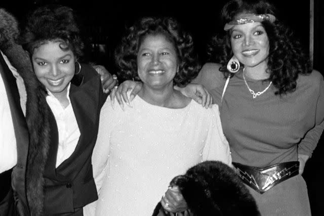 <p>Ron Galella Collection via Getty</p> Janet Jackson (left) with mom Katherine and sister LaToya in 1984