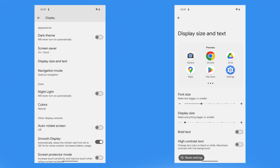 Screenshots of Android 14's display size and text menu