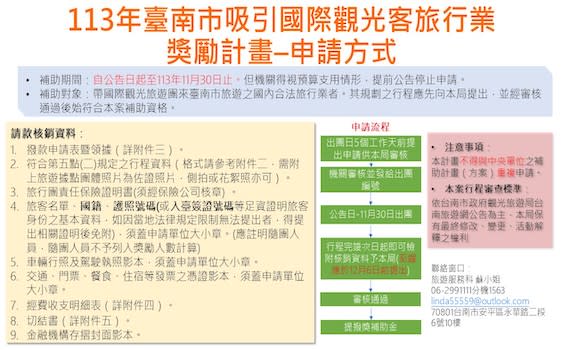 (觀傳媒臺南新聞)【記者陳 惲朋／臺南報導】台南市政府為持續推動臺南觀光產業發展，促進旅遊經濟，由觀光旅遊局針對國際目標市場再推出「113年臺南市吸引國際觀光客旅行業獎勵計畫」方案，鼓勵業者帶領國際旅客來臺南體會古都的多元魅力。4/1日起受理申請。