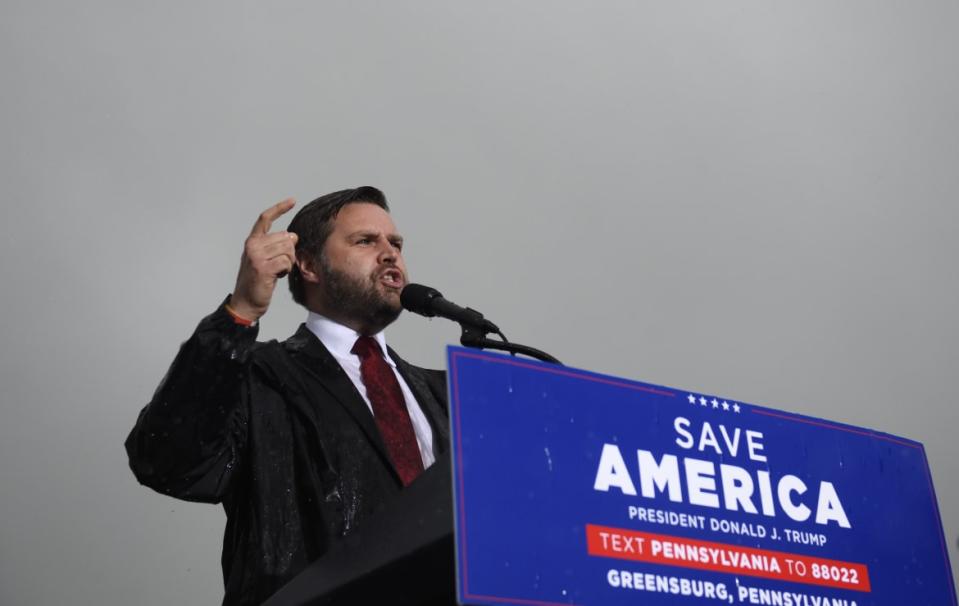 <div class="inline-image__caption"><p>J.D. Vance speaks to supporters of former President Donald Trump at a campaign rally to benefit Pennsylvania Republican U.S. Senate candidate Dr. Mehmet Oz in Greensburg, Pennsylvania, in May.</p></div> <div class="inline-image__credit">Jeff Swensen/Getty</div>
