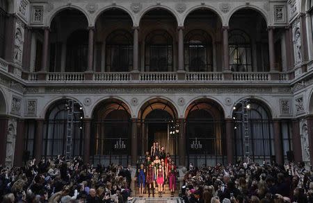 Models wear creations by Julien Macdonald for the Autumn/Winter 2015 collection at London Fashion Week in London February 21, 2015. REUTERS/Toby Melville