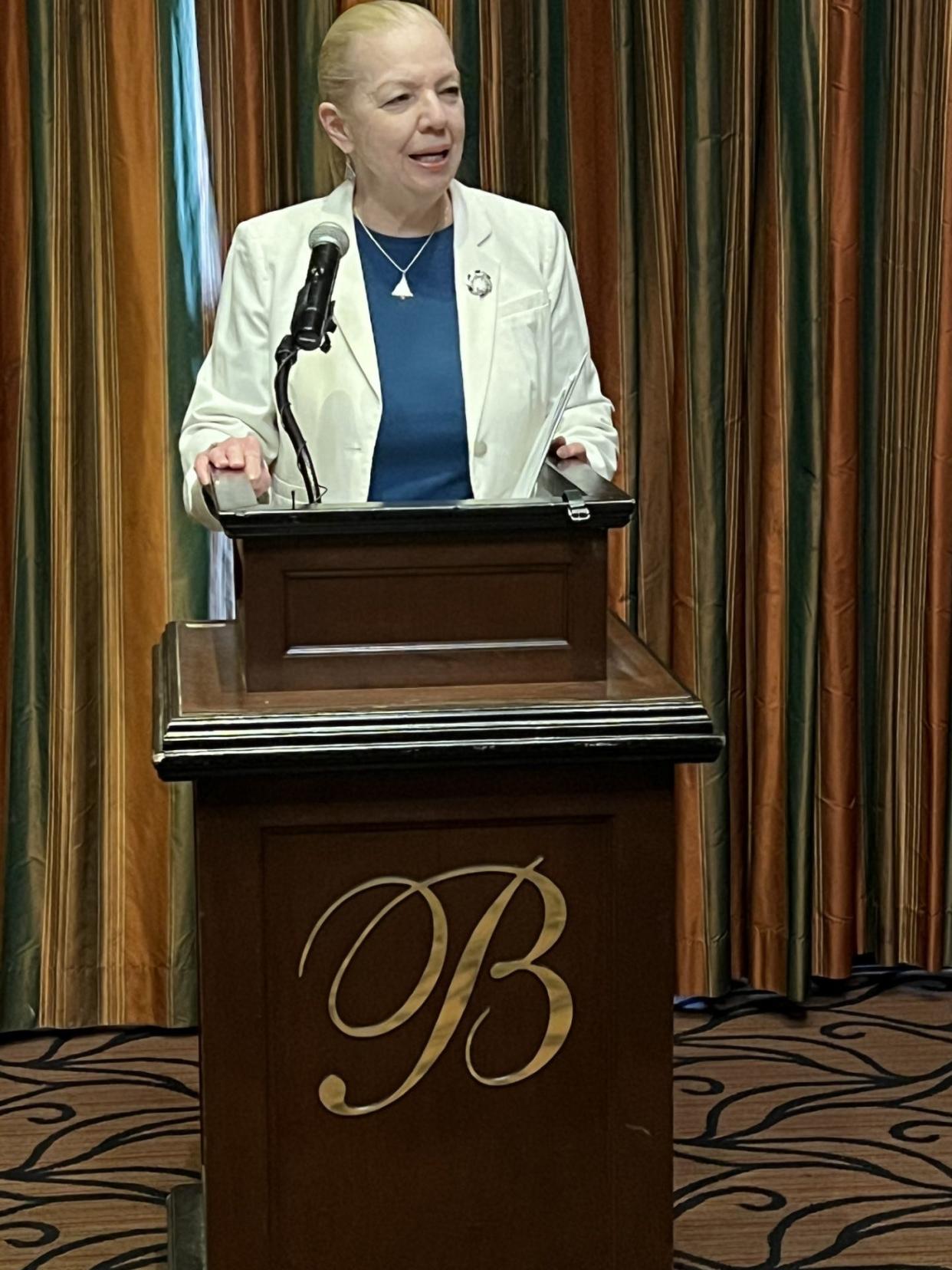 Aurora Mayor Ann Womer Benjamin delivers the State of the City address on Wednesday, Feb. 21, 2024, at the Bertram Inn and Conference Center in Aurora.