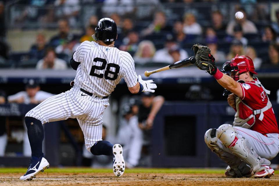 New York Yankees' Josh Donaldson (28) reacts after being hit by a pitch during the eighth inning of the team's baseball game against the Cincinnati Reds on Thursday, July 14, 2022, in New York. (AP Photo/Frank Franklin II)