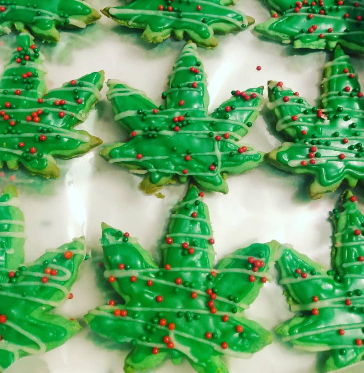 Marijuana leaf-shaped cookies made with coconut oil, cannabis sugar and cannabis sugar icing. Each cookie contains 100 mg of THC.
