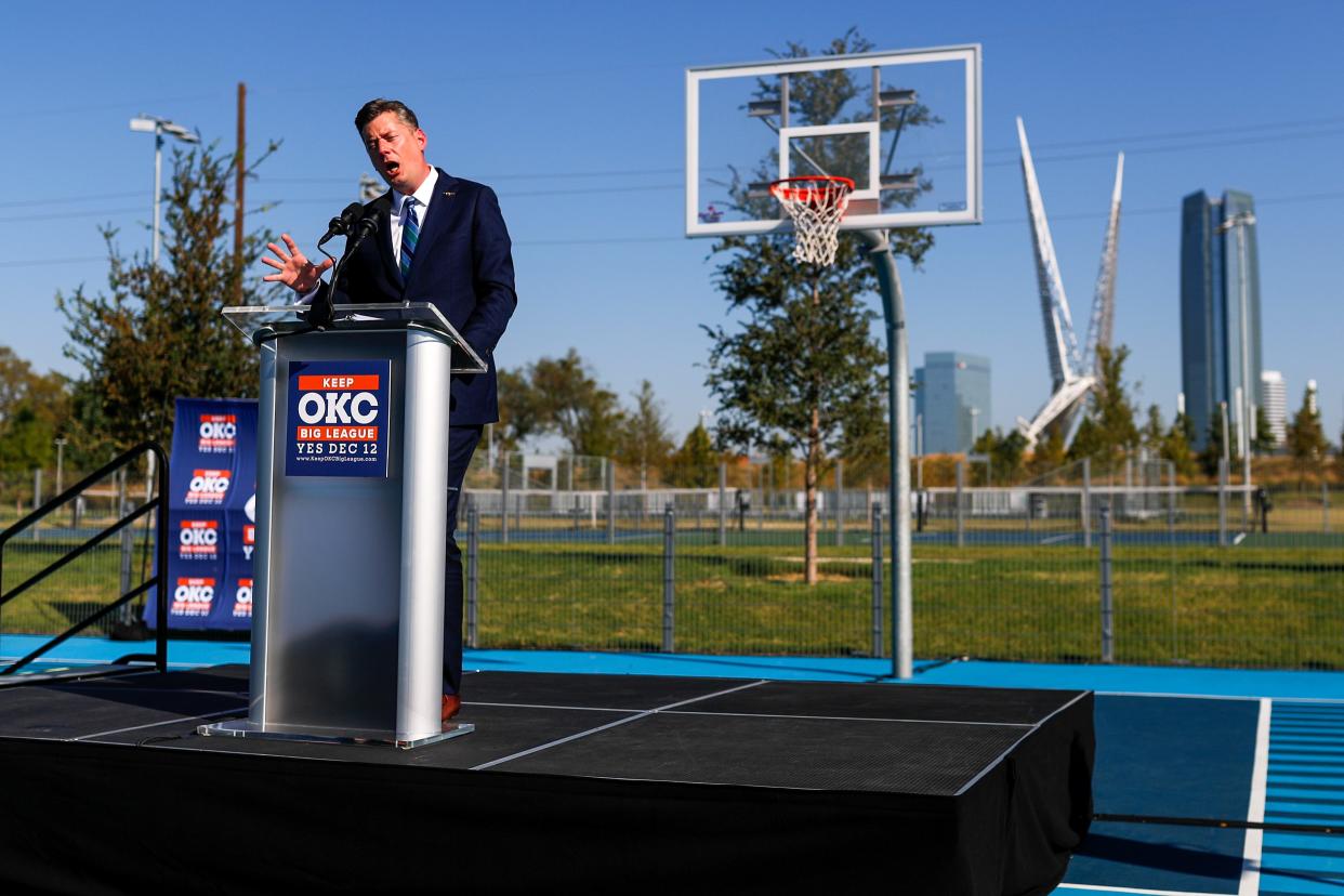 Oklahoma City Mayor David Holt speaks Sept. 28 at a gathering with representatives of the Greater Oklahoma City Chamber to help announce the official campaign for a new arena in Oklahoma City.
