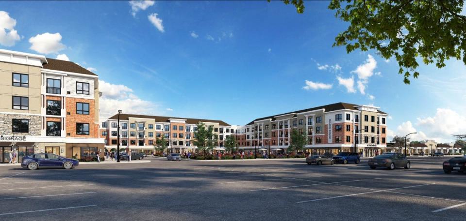 An artist's rendering of the proposed 150 residences that would replace the vacant former KMart building as part of planned redevelopment of the Yorktown Green shopping center in downtown Yorktown Heights.