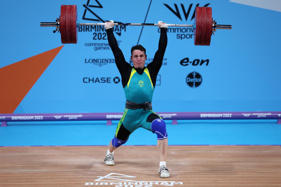 Kyle Bruce, pictured here performing his clean and jerk during the men's 81kg final at the Commonwealth Games.